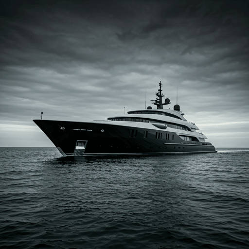 A cinematic superyacht cutting through calm waters at dusk